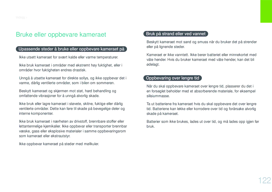 Samsung EV-NX200ZBSBDK manual 122, Bruke eller oppbevare kameraet, Upassende steder å bruke eller oppbevare kameraet på 