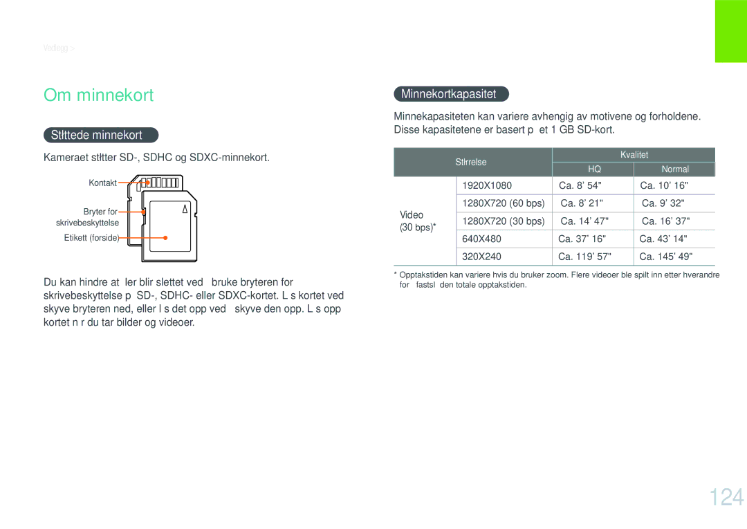 Samsung EV-NX200ZBSBDK, EV-NX200ZBSBSE manual 124, Om minnekort, Støttede minnekort, Minnekortkapasitet 