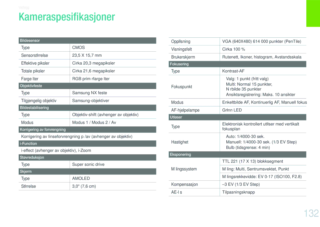 Samsung EV-NX200ZBSBDK, EV-NX200ZBSBSE manual Kameraspesiﬁkasjoner, 132 