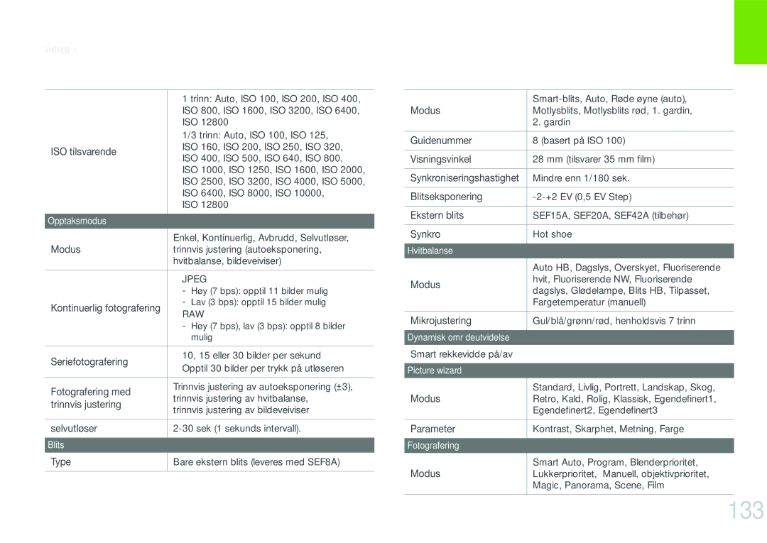 Samsung EV-NX200ZBSBSE manual 133, ISO tilsvarende, Kontinuerlig fotografering, Type Bare ekstern blits leveres med SEF8A 