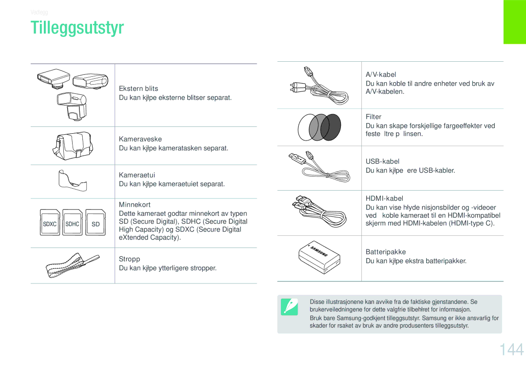 Samsung EV-NX200ZBSBDK, EV-NX200ZBSBSE manual Tilleggsutstyr, 144, Batteripakke Du kan kjøpe ekstra batteripakker 