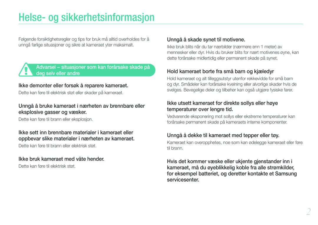 Samsung EV-NX200ZBSBDK, EV-NX200ZBSBSE manual Helse- og sikkerhetsinformasjon 
