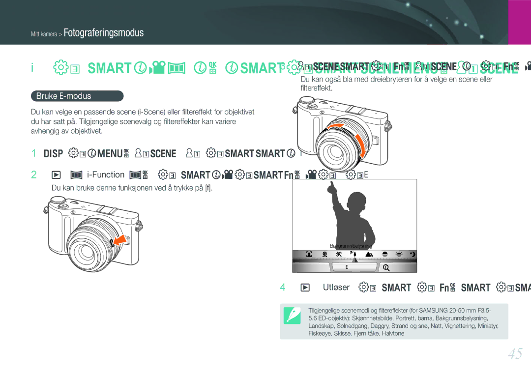 Samsung EV-NX200ZBSBSE, EV-NX200ZBSBDK manual Objektivprioritetsmodus, Bruke E-modus 