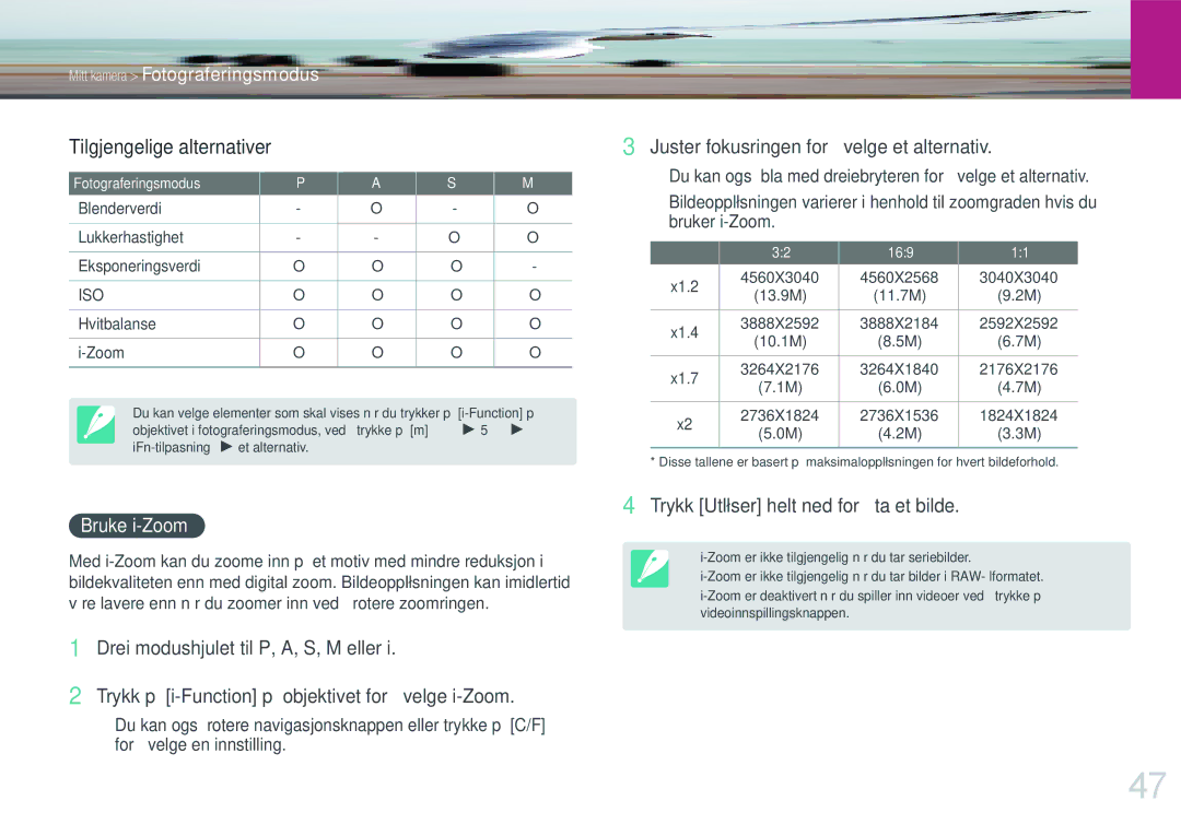 Samsung EV-NX200ZBSBSE, EV-NX200ZBSBDK manual Tilgjengelige alternativer, Bruke i-Zoom 