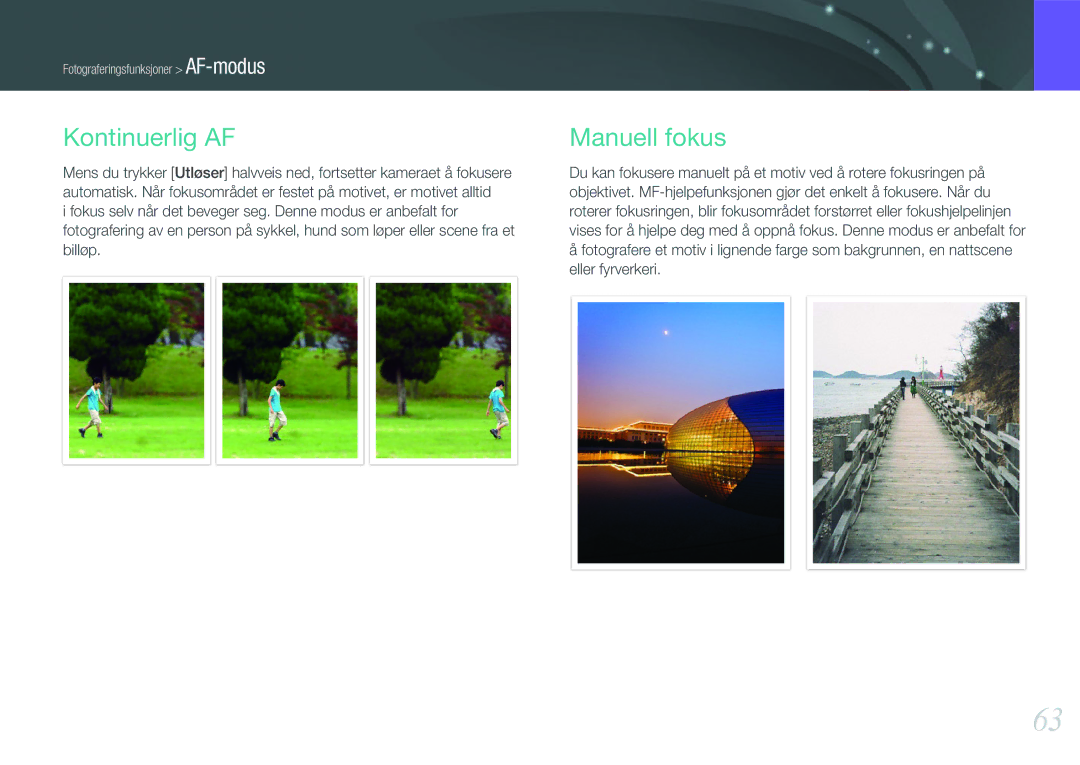 Samsung EV-NX200ZBSBSE, EV-NX200ZBSBDK manual Kontinuerlig AF, Manuell fokus 