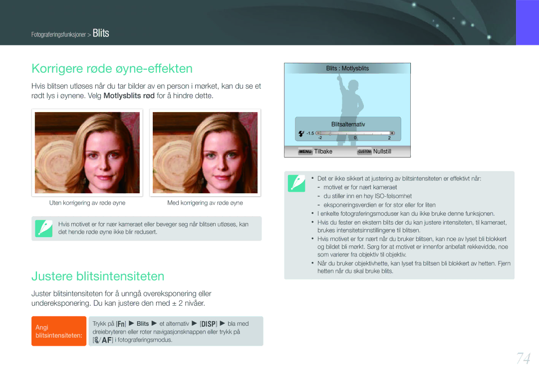Samsung EV-NX200ZBSBDK, EV-NX200ZBSBSE manual Korrigere røde øyne-effekten, Justere blitsintensiteten 