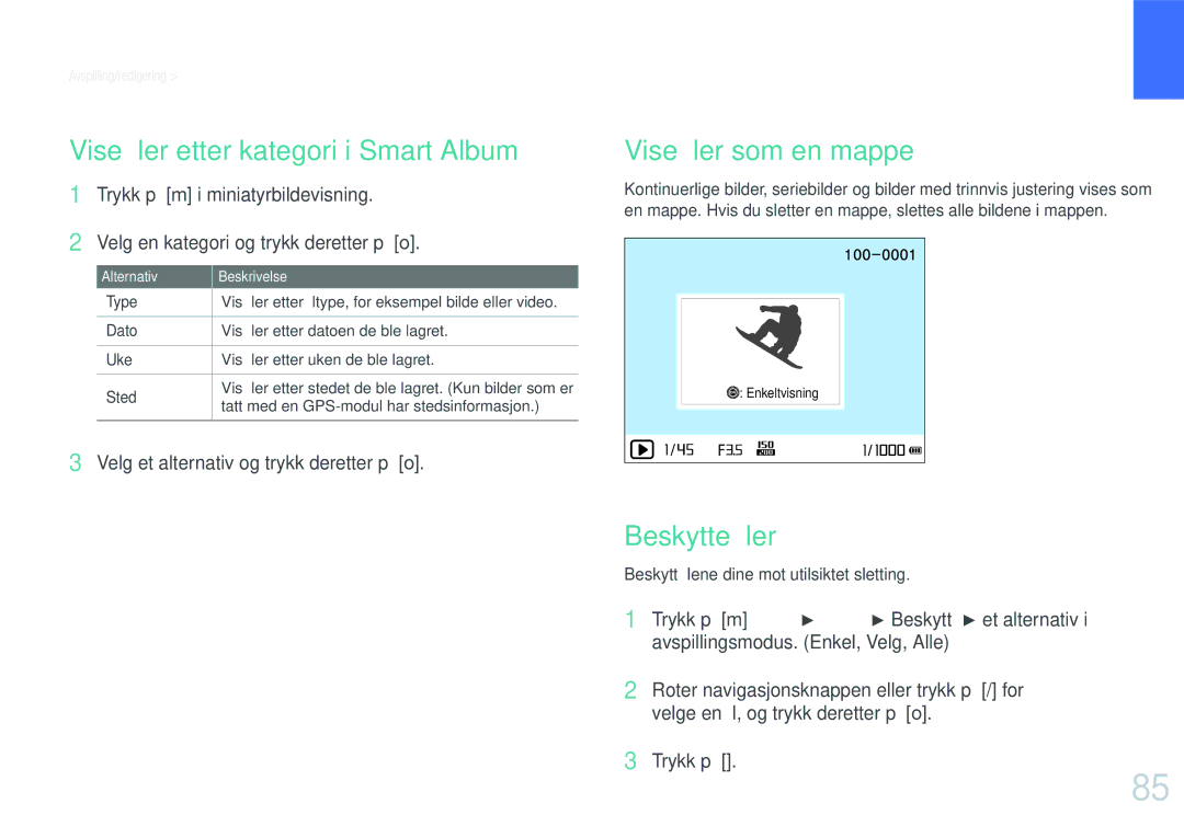 Samsung EV-NX200ZBSBSE, EV-NX200ZBSBDK manual Vise ﬁler etter kategori i Smart Album, Vise ﬁler som en mappe, Beskytte ﬁler 