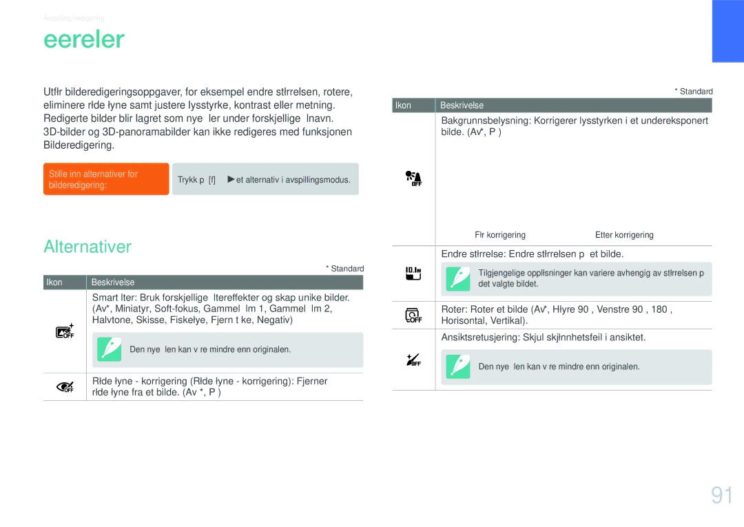 Samsung EV-NX200ZBSBSE manual Redigere bilder, Alternativer, Bilde. Av*, På, Endre størrelse Endre størrelsen på et bilde 
