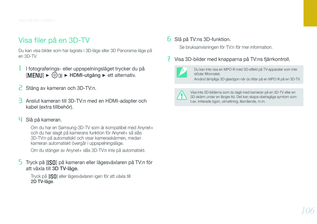 Samsung EV-NX200ZBSBDK, EV-NX200ZBSBSE manual 106, Visa ﬁler på en 3D-TV 