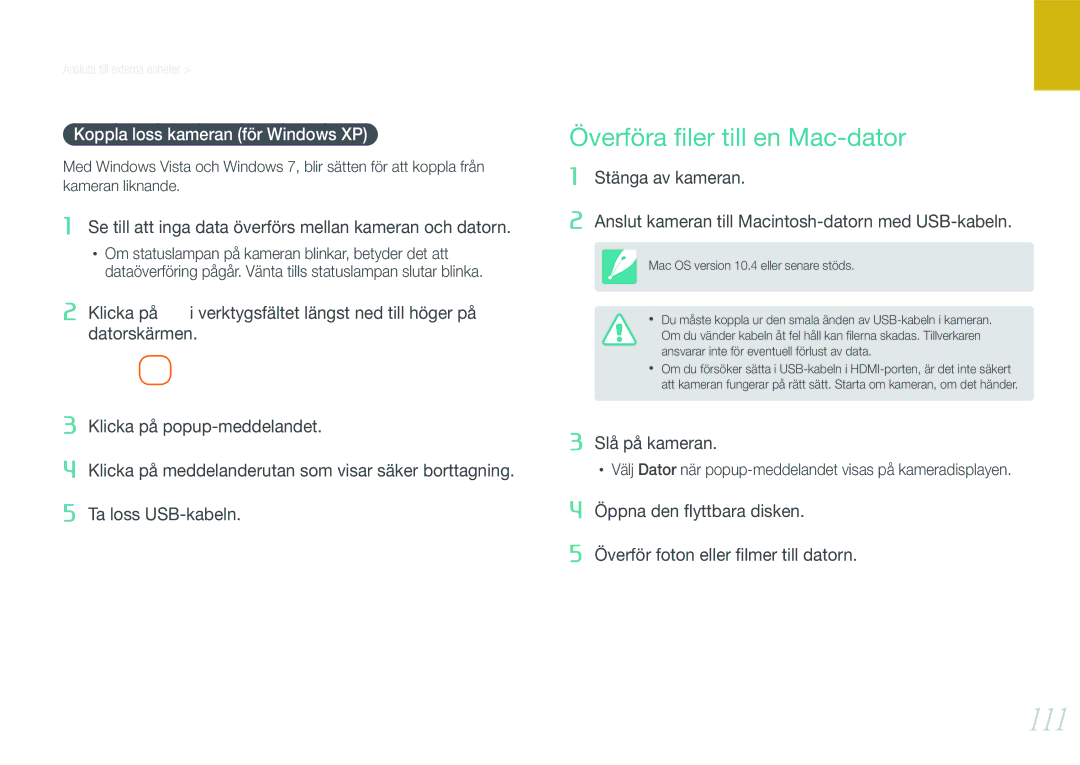 Samsung EV-NX200ZBSBSE, EV-NX200ZBSBDK manual 111, Överföra ﬁler till en Mac-dator, Koppla loss kameran för Windows XP 