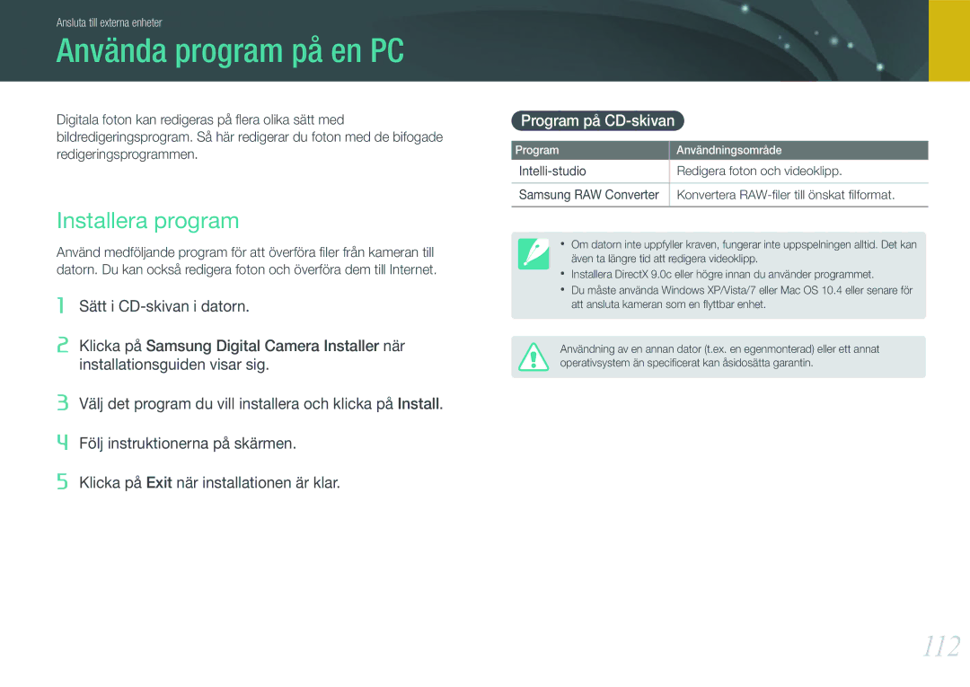Samsung EV-NX200ZBSBDK, EV-NX200ZBSBSE manual Använda program på en PC, 112, Installera program, Program på CD-skivan 
