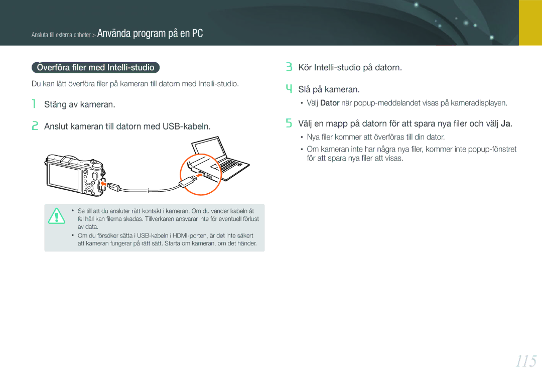 Samsung EV-NX200ZBSBSE, EV-NX200ZBSBDK manual 115, Överföra ﬁler med Intelli-studio 