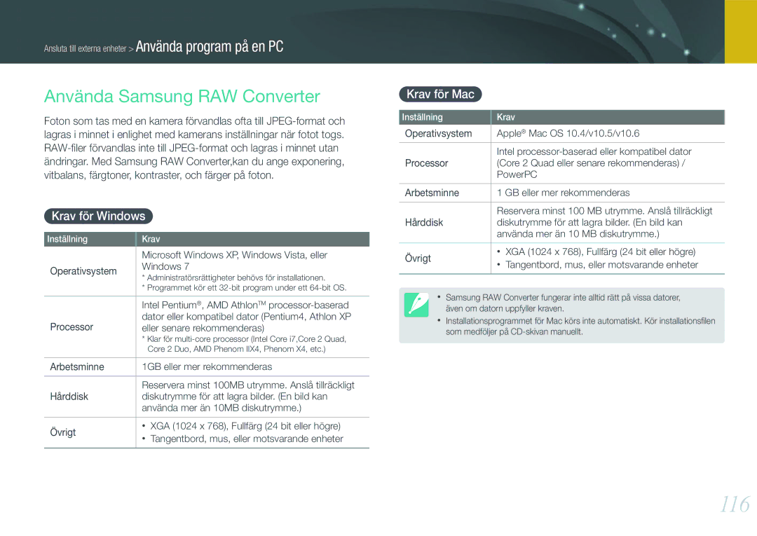 Samsung EV-NX200ZBSBDK, EV-NX200ZBSBSE manual 116, Använda Samsung RAW Converter, Krav för Windows, Krav för Mac 