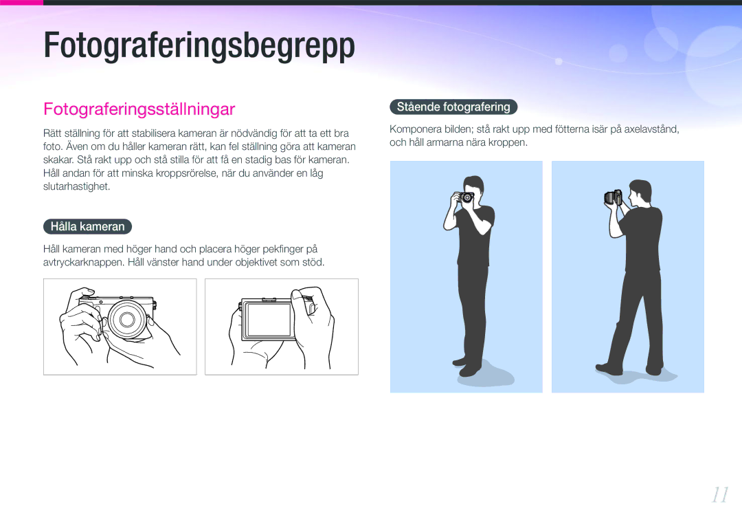 Samsung EV-NX200ZBSBSE, EV-NX200ZBSBDK manual Hålla kameran, Stående fotografering 