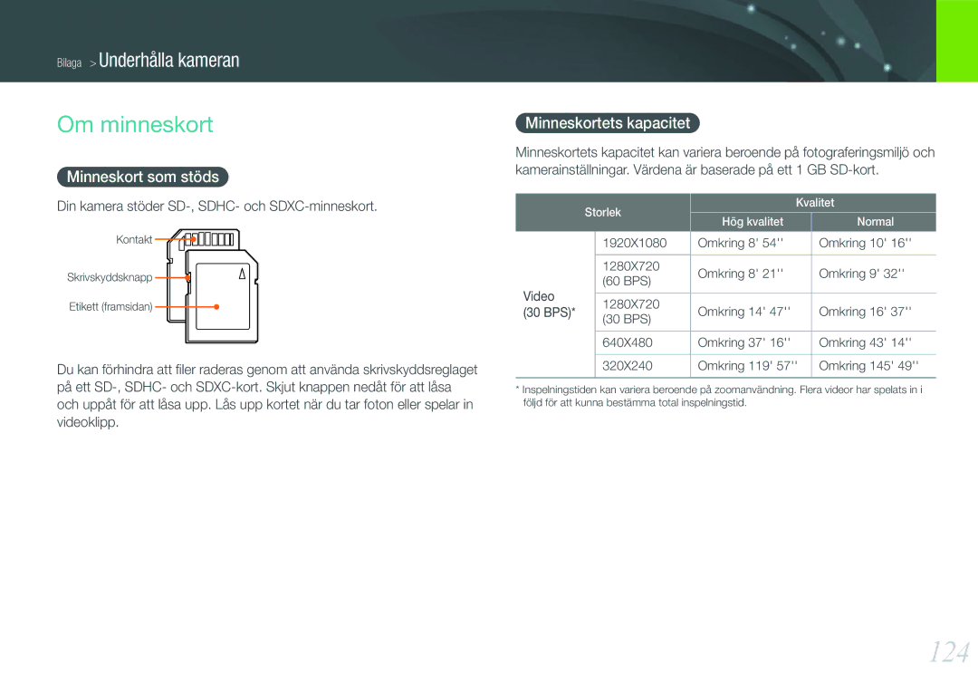 Samsung EV-NX200ZBSBDK, EV-NX200ZBSBSE manual 124, Om minneskort, Minneskort som stöds, Minneskortets kapacitet 