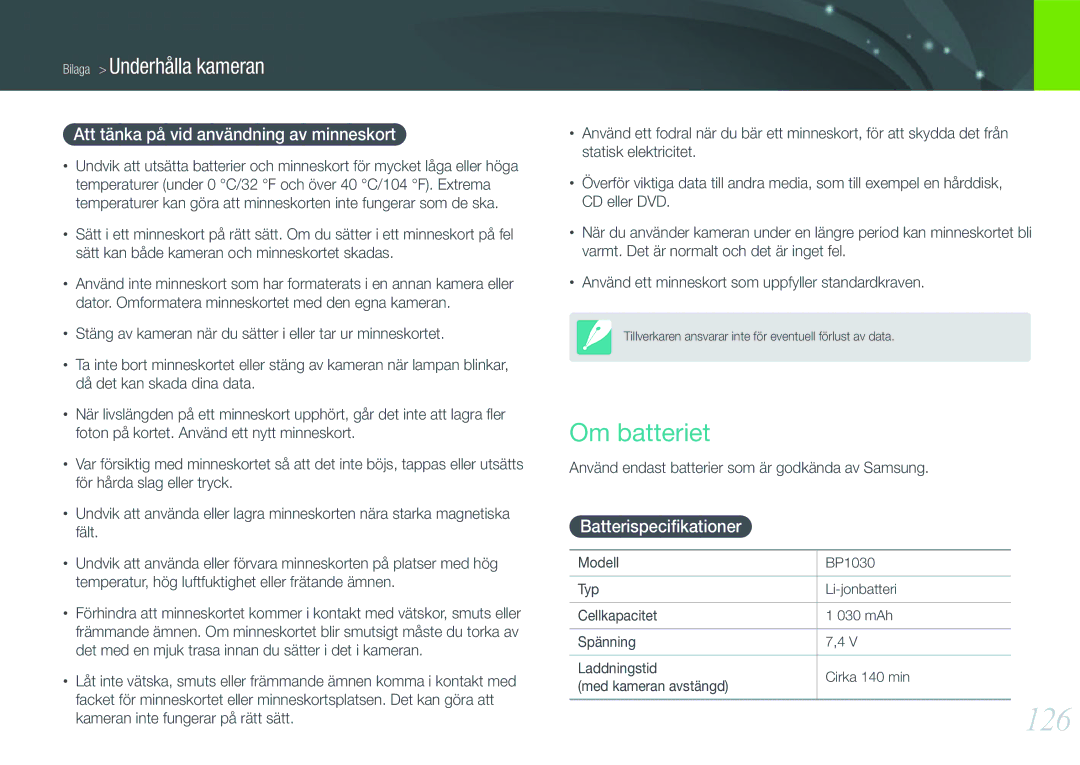 Samsung EV-NX200ZBSBDK, EV-NX200ZBSBSE 126, Om batteriet, Att tänka på vid användning av minneskort, Batterispeciﬁkationer 