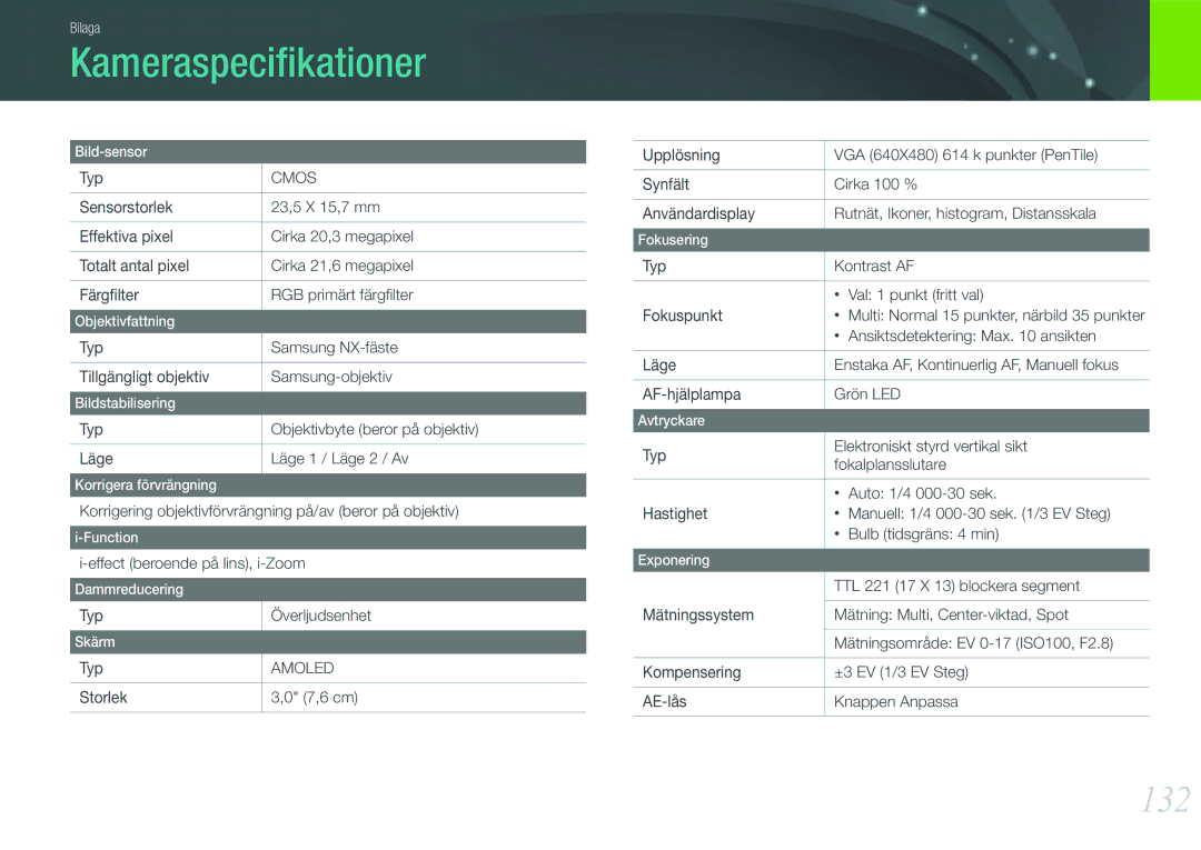 Samsung EV-NX200ZBSBDK, EV-NX200ZBSBSE manual Kameraspeciﬁkationer, 132 