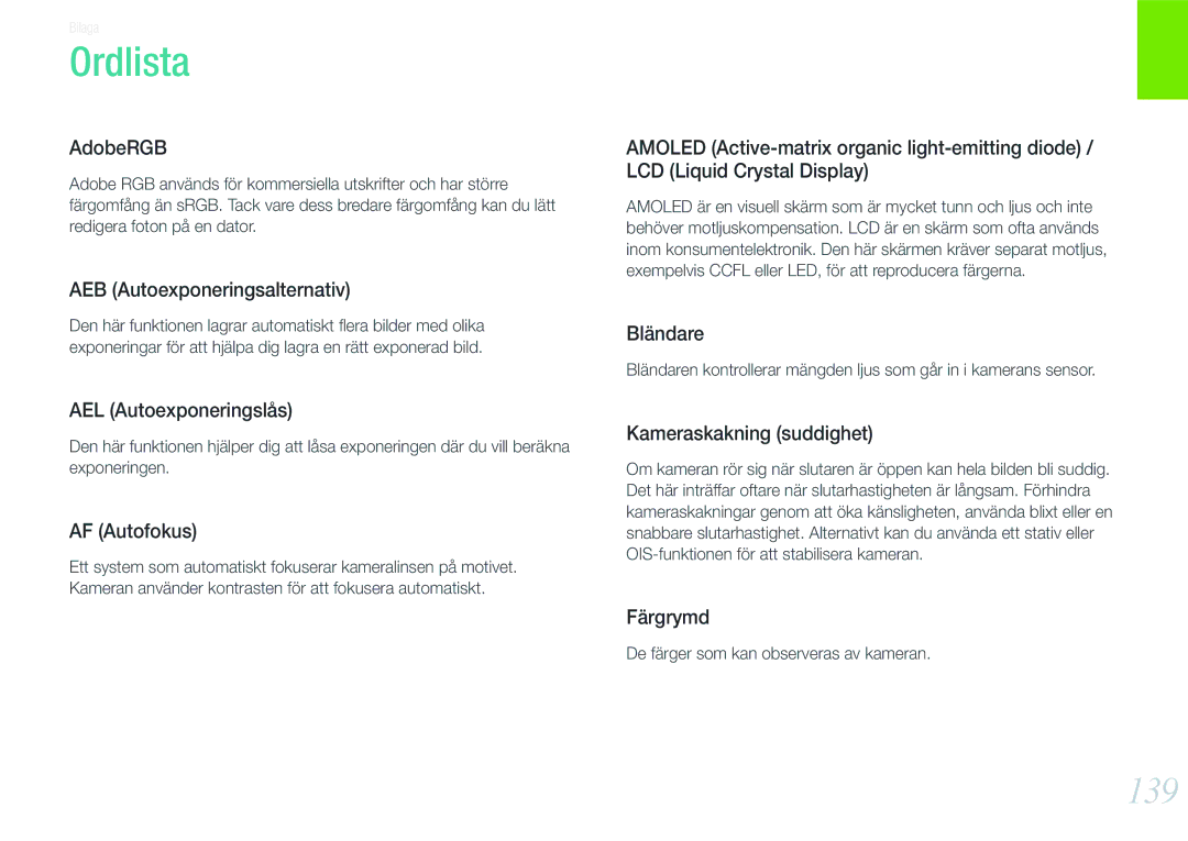 Samsung EV-NX200ZBSBSE, EV-NX200ZBSBDK manual Ordlista, 139 