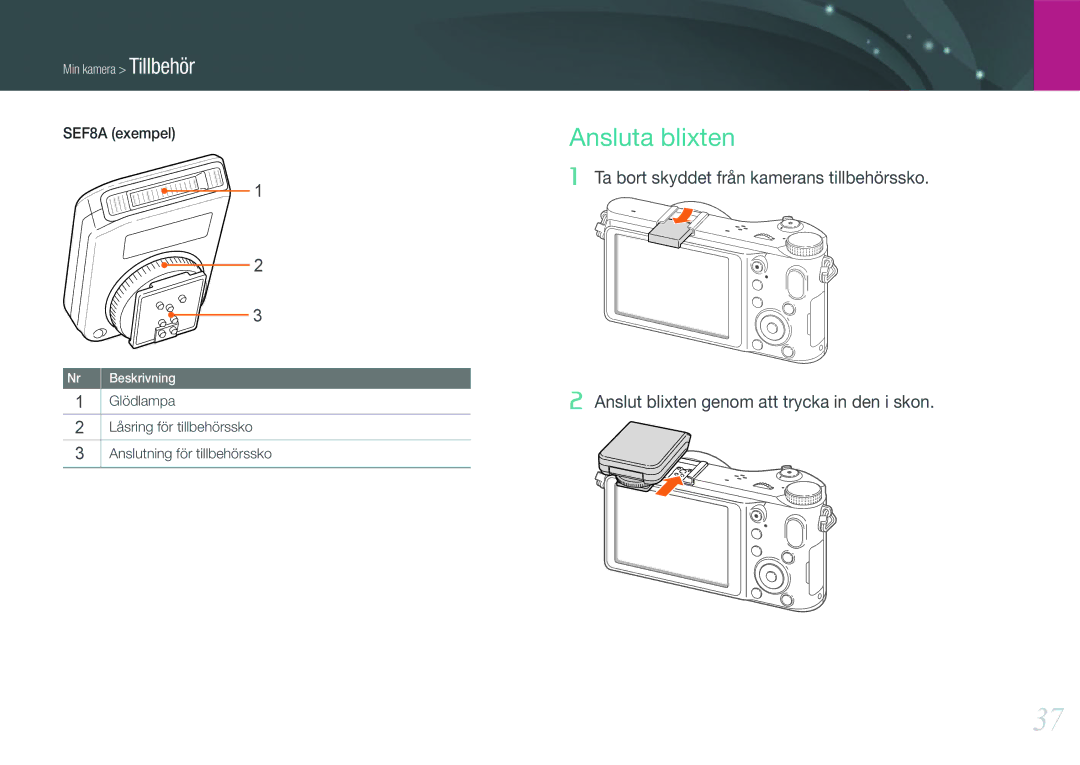 Samsung EV-NX200ZBSBSE, EV-NX200ZBSBDK manual Ansluta blixten, SEF8A exempel 