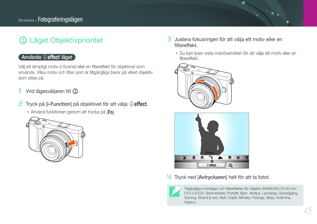 Samsung EV-NX200ZBSBSE, EV-NX200ZBSBDK manual Läget Objektivprioritet, Använda E läget 