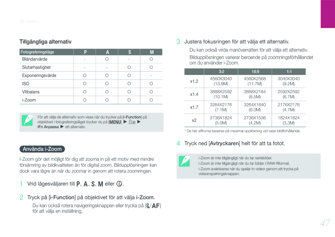 Samsung EV-NX200ZBSBSE, EV-NX200ZBSBDK manual Tillgängliga alternativ, Använda i-Zoom 
