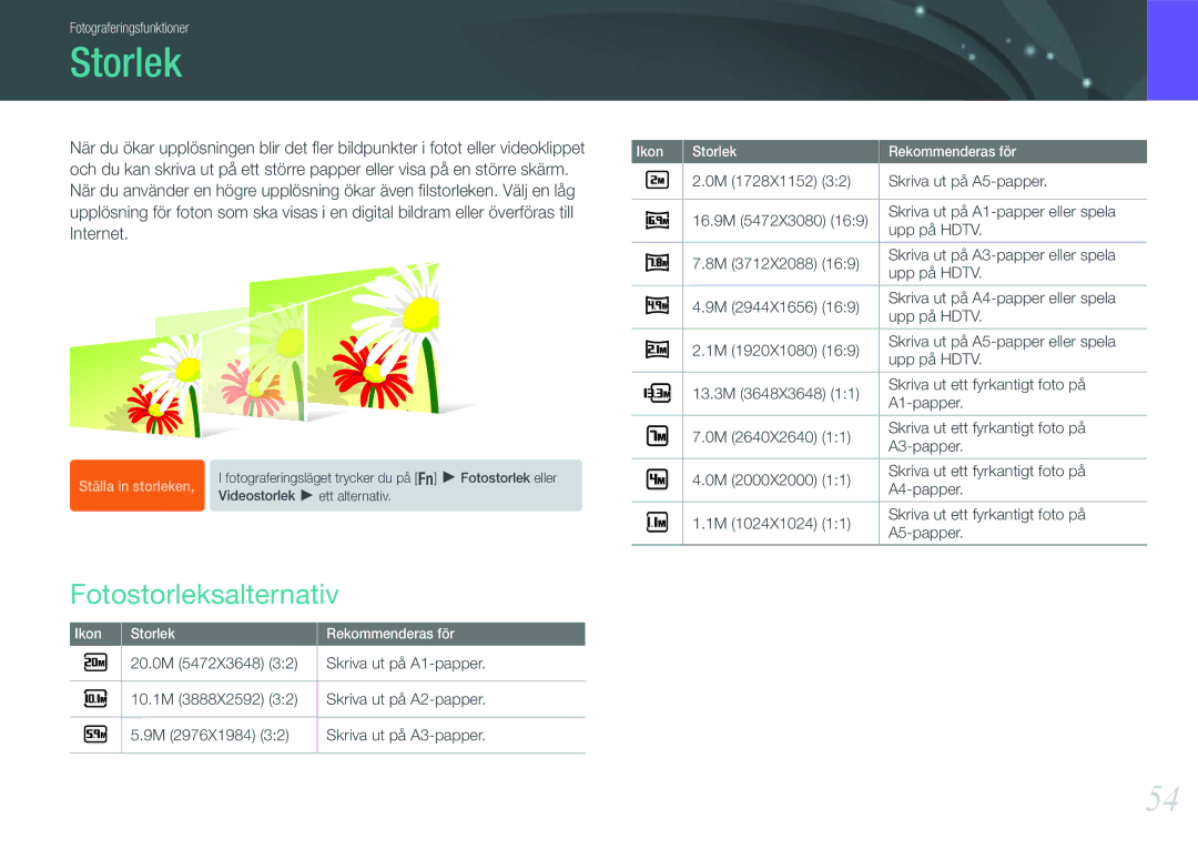 Samsung EV-NX200ZBSBDK, EV-NX200ZBSBSE manual Storlek, Fotostorleksalternativ, Skriva ut på A5-papper, 20.0M 5472X3648 