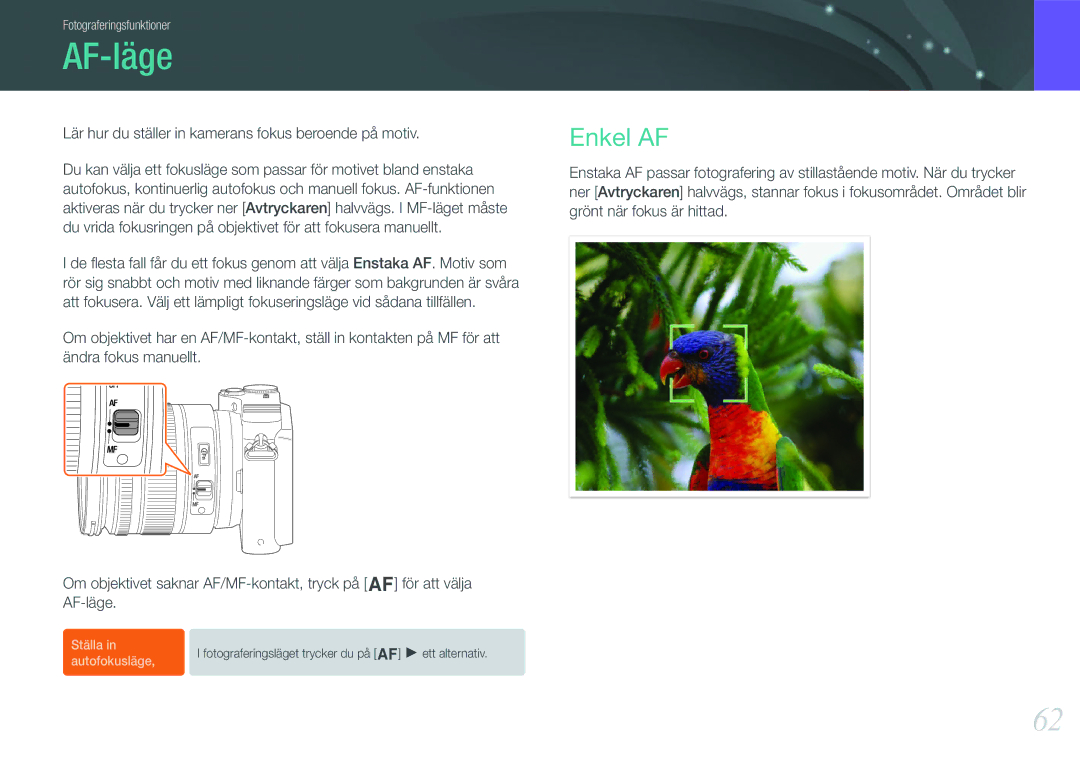 Samsung EV-NX200ZBSBDK, EV-NX200ZBSBSE manual AF-läge, Enkel AF, Lär hur du ställer in kamerans fokus beroende på motiv 