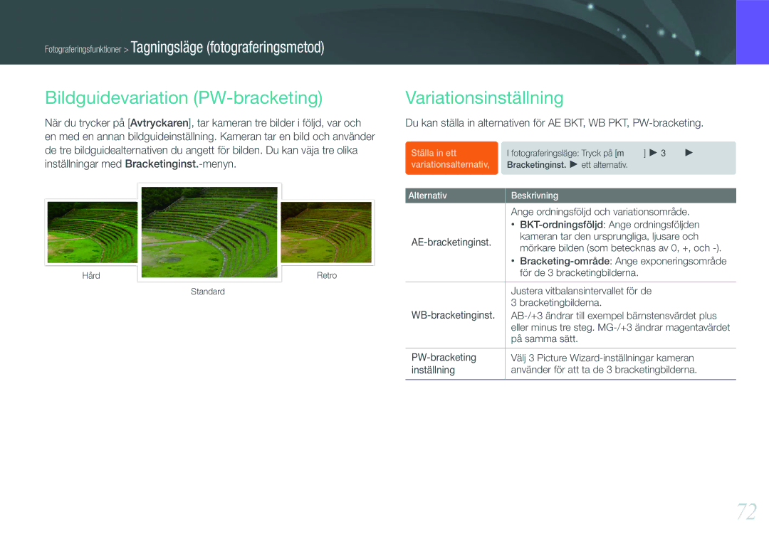 Samsung EV-NX200ZBSBDK, EV-NX200ZBSBSE manual Bildguidevariation PW-bracketing, Variationsinställning 