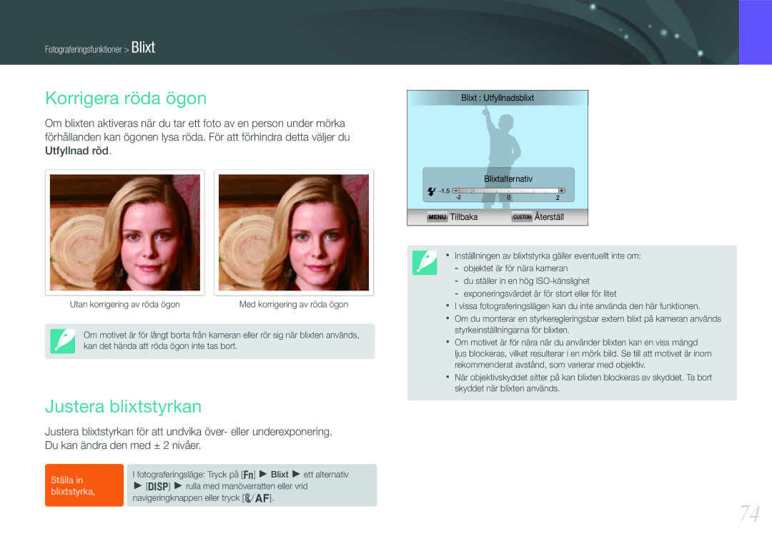 Samsung EV-NX200ZBSBDK, EV-NX200ZBSBSE manual Korrigera röda ögon, Justera blixtstyrkan 