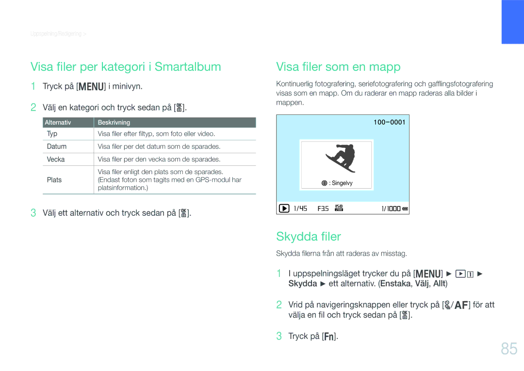 Samsung EV-NX200ZBSBSE, EV-NX200ZBSBDK manual Visa ﬁler per kategori i Smartalbum, Visa ﬁler som en mapp, Skydda ﬁler 