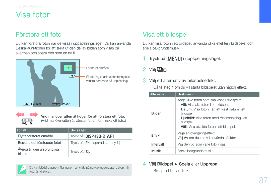 Samsung EV-NX200ZBSBSE manual Visa foton, Förstora ett foto, Visa ett bildspel, Ange vilka foton som ska visas i bildspelet 