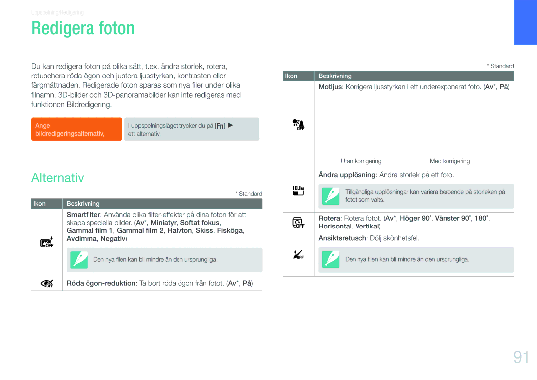 Samsung EV-NX200ZBSBSE manual Redigera foton, Alternativ, Röda ögon-reduktion Ta bort röda ögon från fotot. Av*, På 
