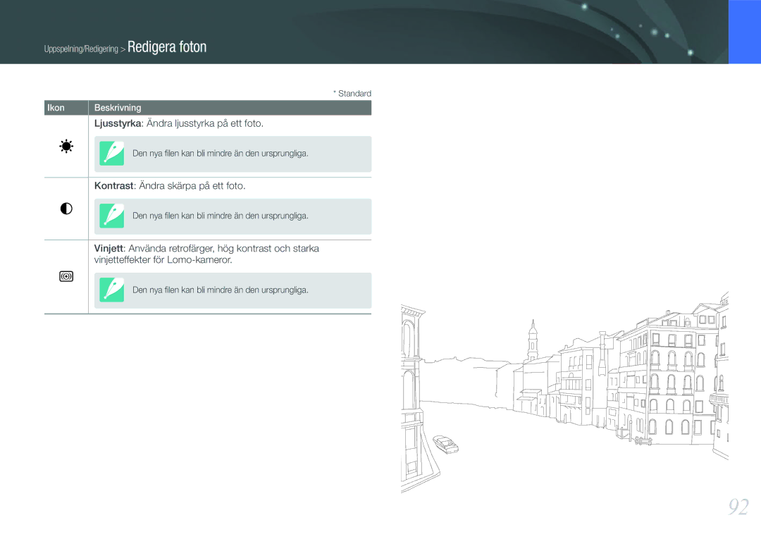 Samsung EV-NX200ZBSBDK, EV-NX200ZBSBSE manual Ljusstyrka Ändra ljusstyrka på ett foto, Kontrast Ändra skärpa på ett foto 