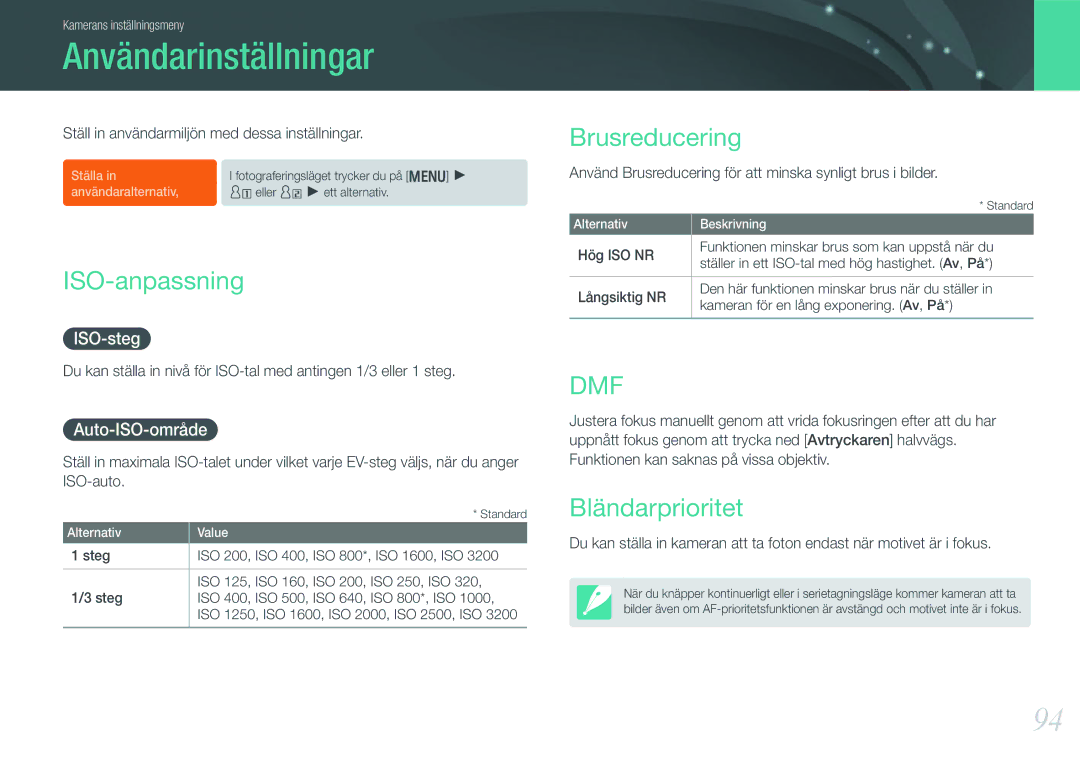 Samsung EV-NX200ZBSBDK, EV-NX200ZBSBSE manual Användarinställningar, ISO-anpassning, Brusreducering, Bländarprioritet 