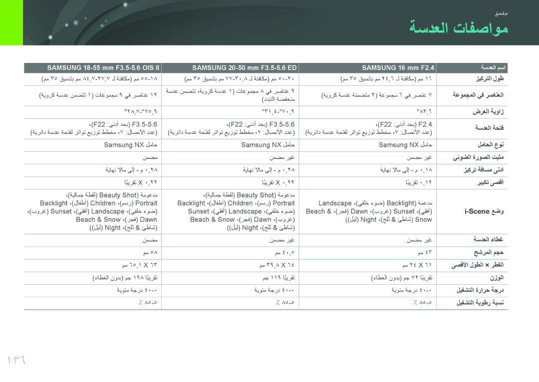 Samsung EV-NX200ZBSBTW, EV-NX200ZBSTDE, EV-NX200ZDABME, EV-NX200ZAAB, EV-NX200ZAST, EV-NX200ZBABIL manual ةسدعلا تافصاوم, 136 