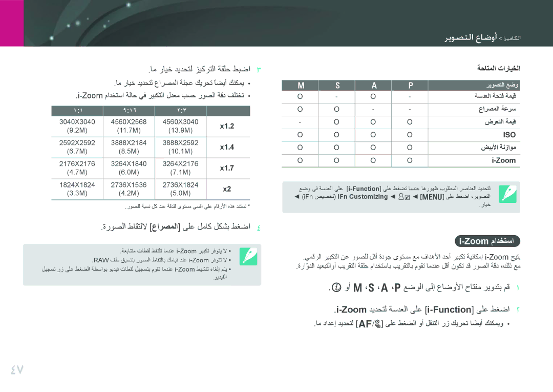 Samsung EV-NX200ZBSTDE, EV-NX200ZDABME, EV-NX200ZAAB, EV-NX200ZAST Zoom مادختسا, عارصملا ةعرس, ضرعتلا ةميق, ضيبلأا ةنزاوم 