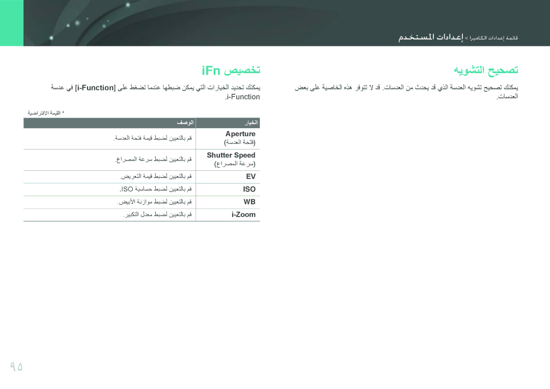 Samsung EV-NX200ZBSTDE, EV-NX200ZDABME, EV-NX200ZAAB, EV-NX200ZAST manual IFn صيصخت, هيوشتلا حيحصت, Aperture, Shutter Speed 