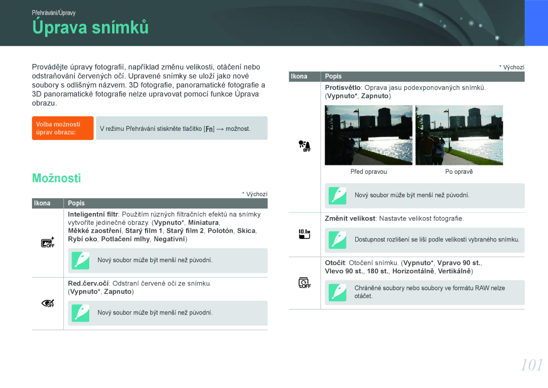 Samsung EV-NX20ZZBSBCZ manual Úprava snímků, 101, Možnosti 