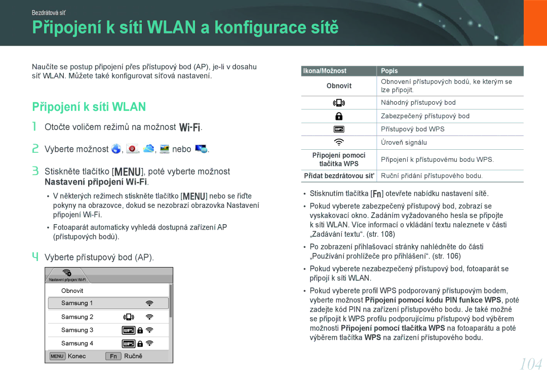 Samsung EV-NX20ZZBSBCZ manual Připojení k síti Wlan a konﬁgurace sítě, 104, Obnovit 