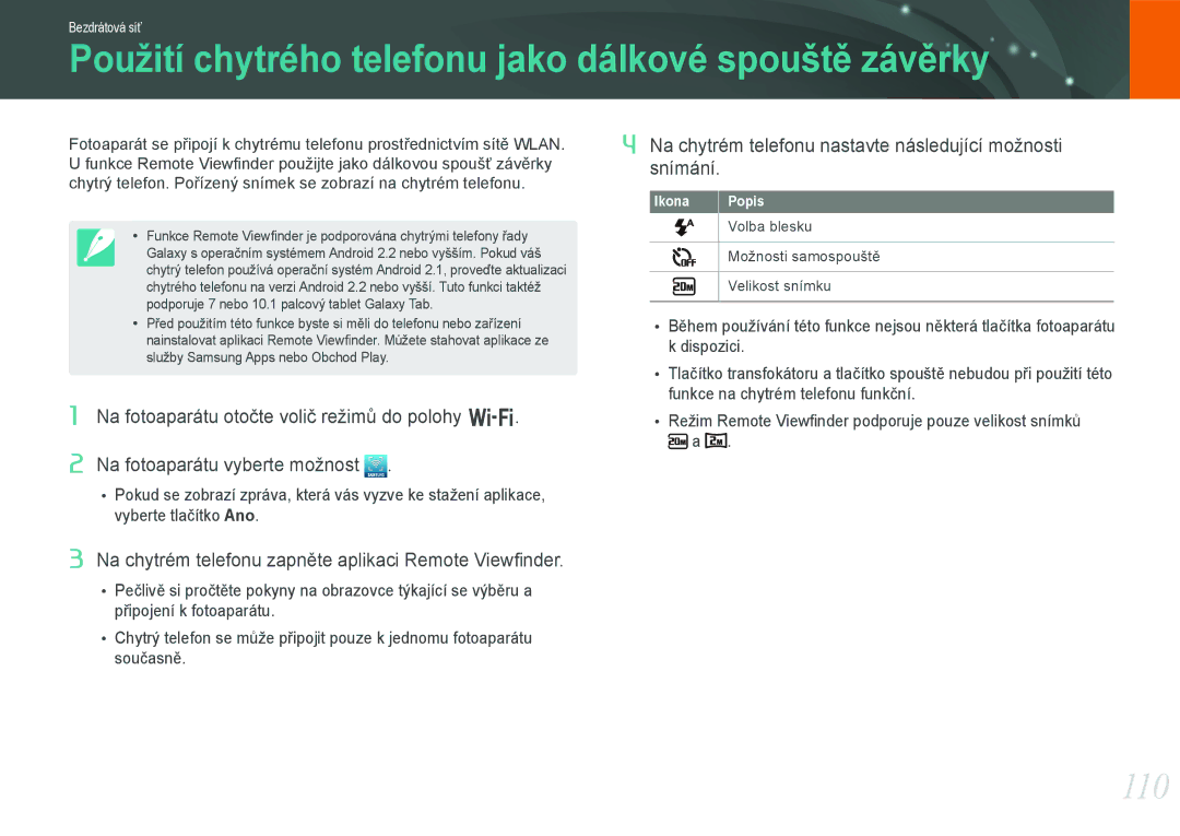Samsung EV-NX20ZZBSBCZ manual Použití chytrého telefonu jako dálkové spouště závěrky, 110 