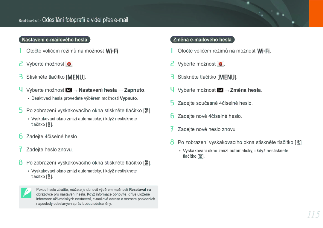 Samsung EV-NX20ZZBSBCZ manual 115, Nastavení e-mailového hesla, Změna e-mailového hesla 