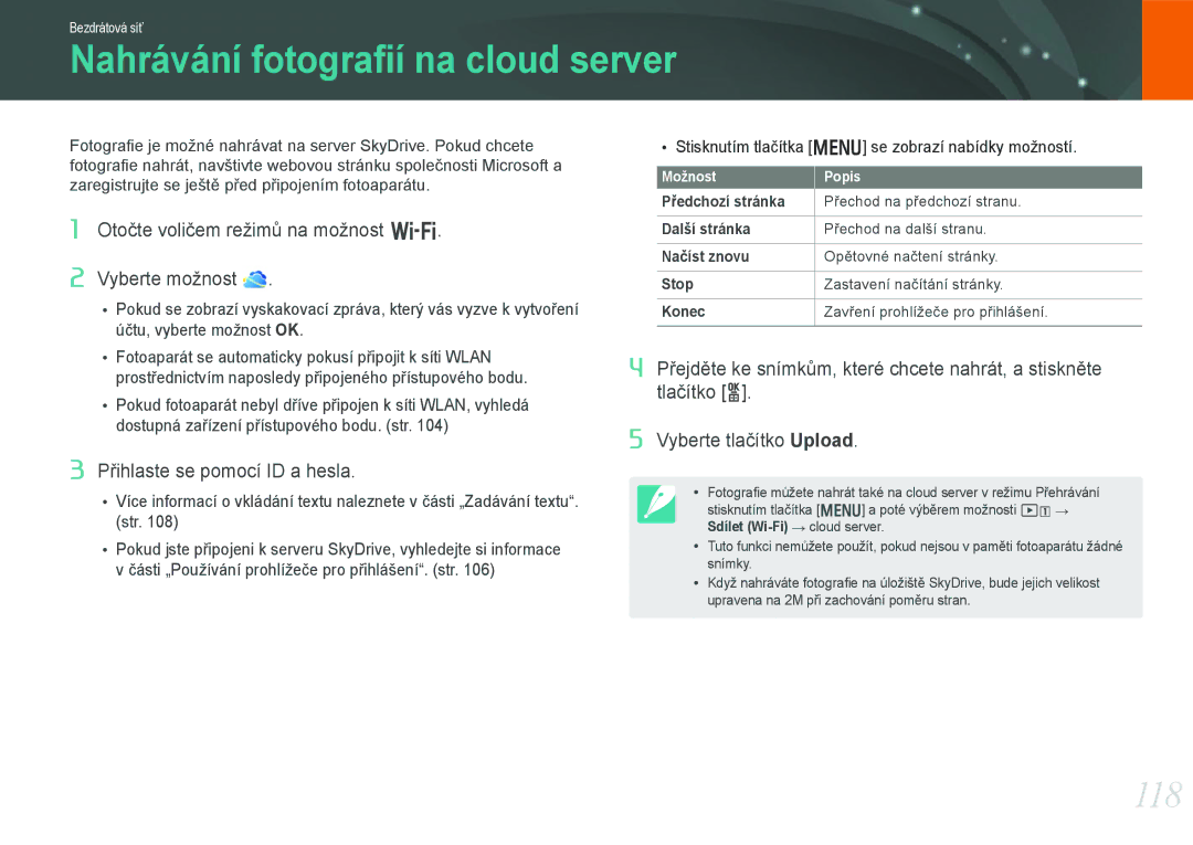 Samsung EV-NX20ZZBSBCZ manual Nahrávání fotograﬁí na cloud server, 118 