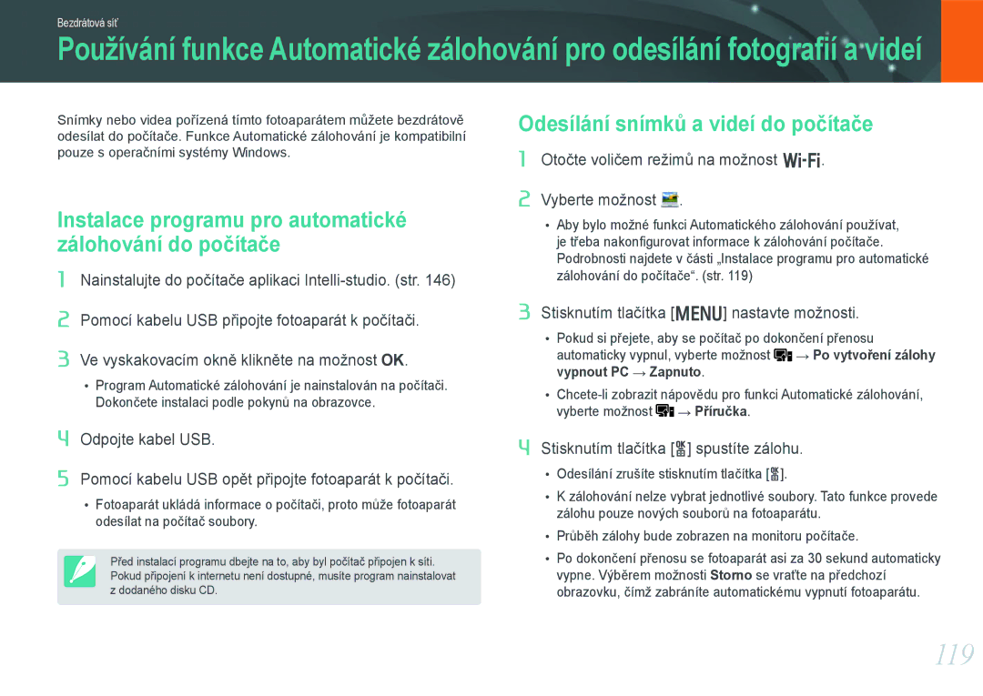 Samsung EV-NX20ZZBSBCZ manual 119, Odesílání snímků a videí do počítače, Instalace programu pro automatické 