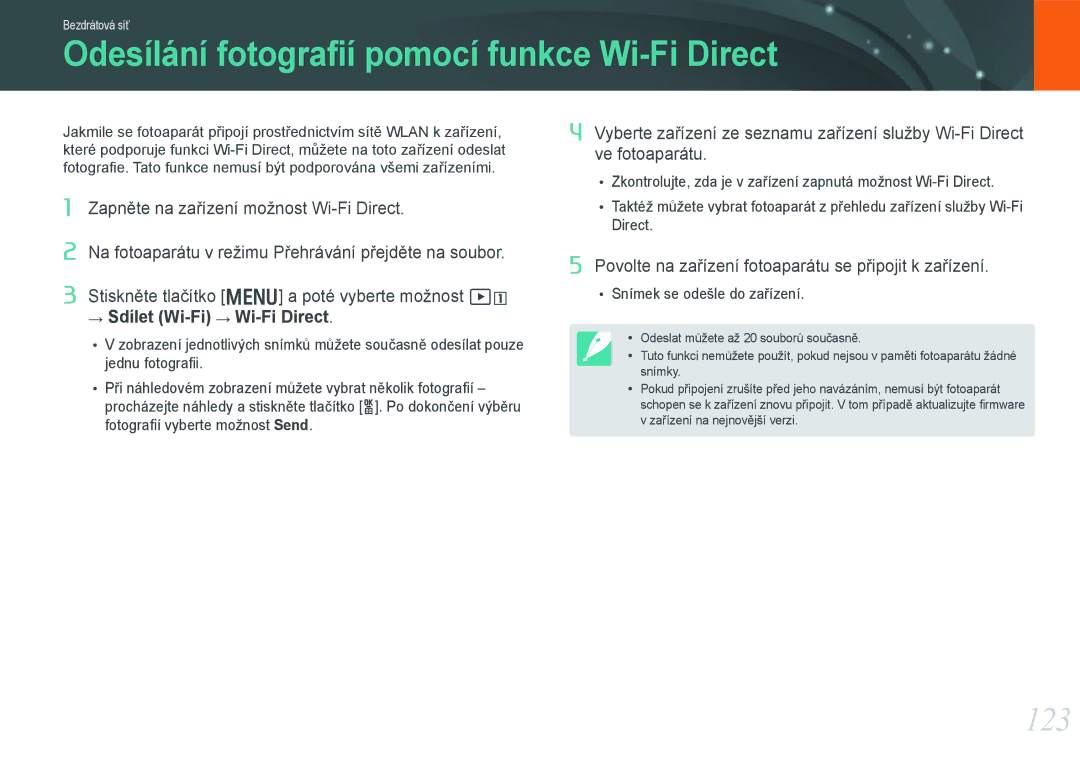 Samsung EV-NX20ZZBSBCZ manual Odesílání fotograﬁí pomocí funkce Wi-Fi Direct, 123 