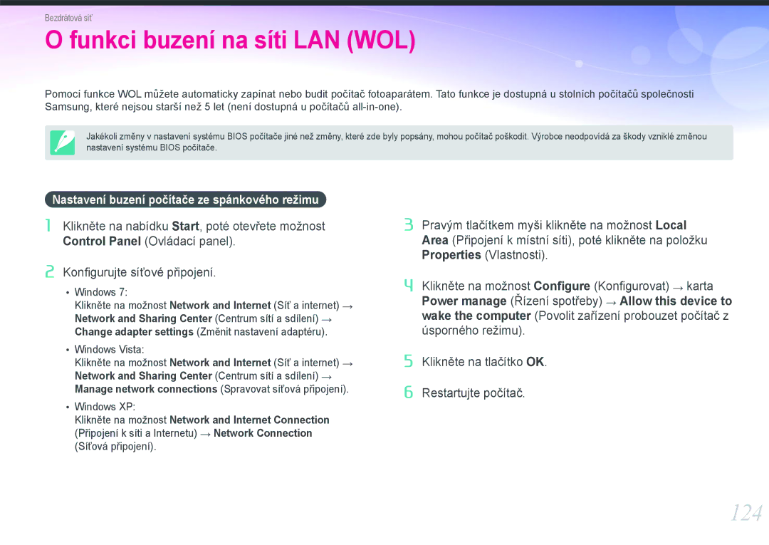 Samsung EV-NX20ZZBSBCZ manual 124, Nastavení buzení počítače ze spánkového režimu 