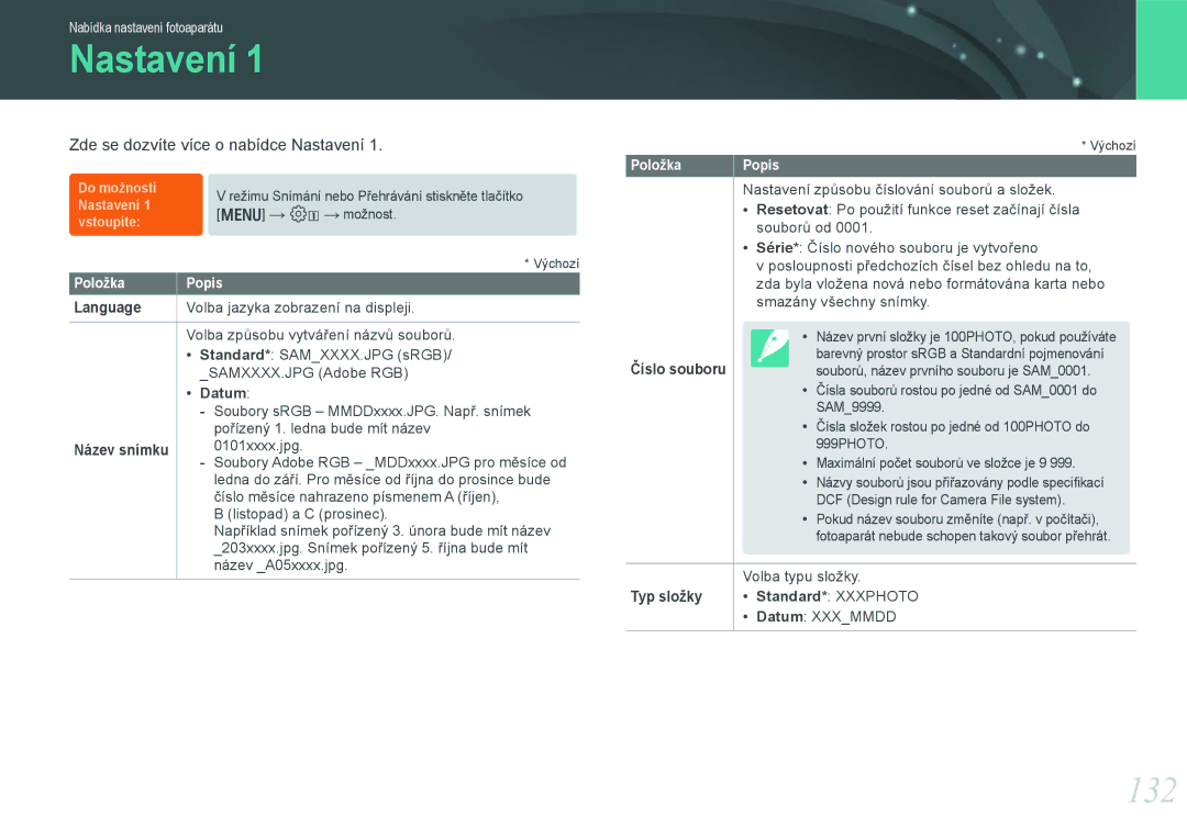 Samsung EV-NX20ZZBSBCZ manual Nastavení, 132, Language, Číslo souboru, Typ složky 