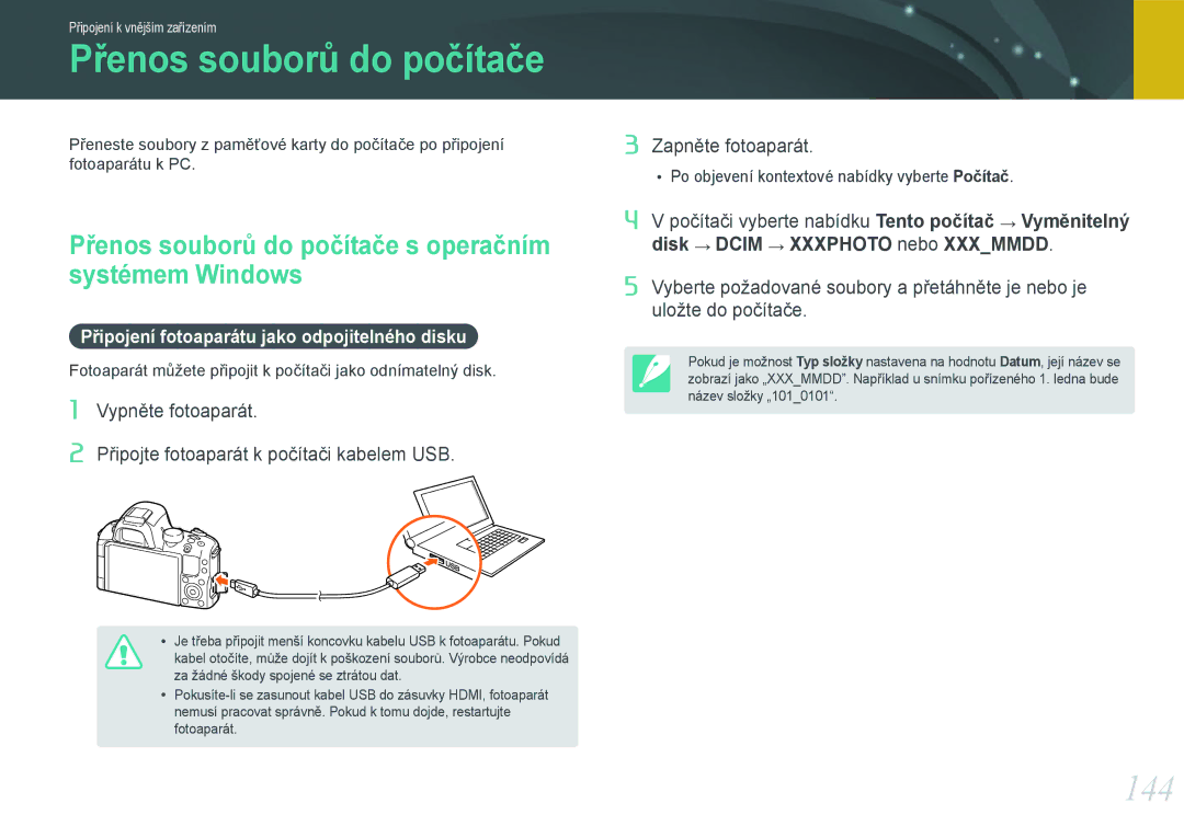 Samsung EV-NX20ZZBSBCZ manual 144, Přenos souborů do počítače s operačním systémem Windows 