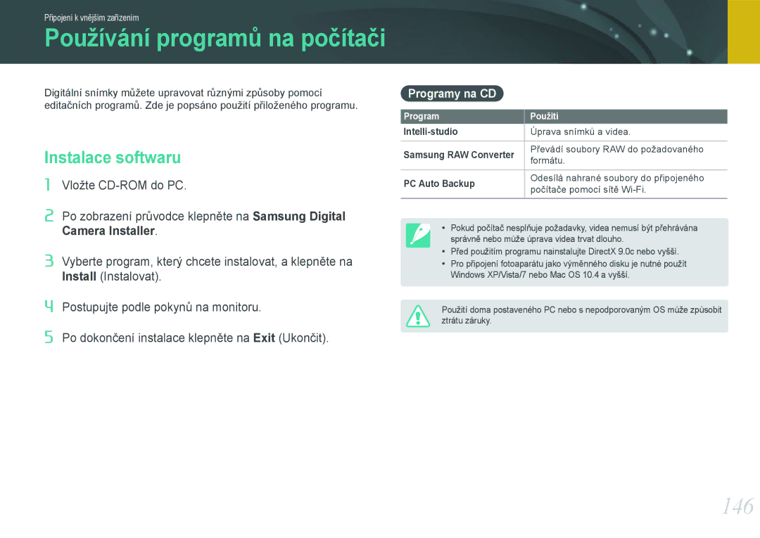 Samsung EV-NX20ZZBSBCZ manual 146, Instalace softwaru, Programy na CD, Intelli-studio, PC Auto Backup 