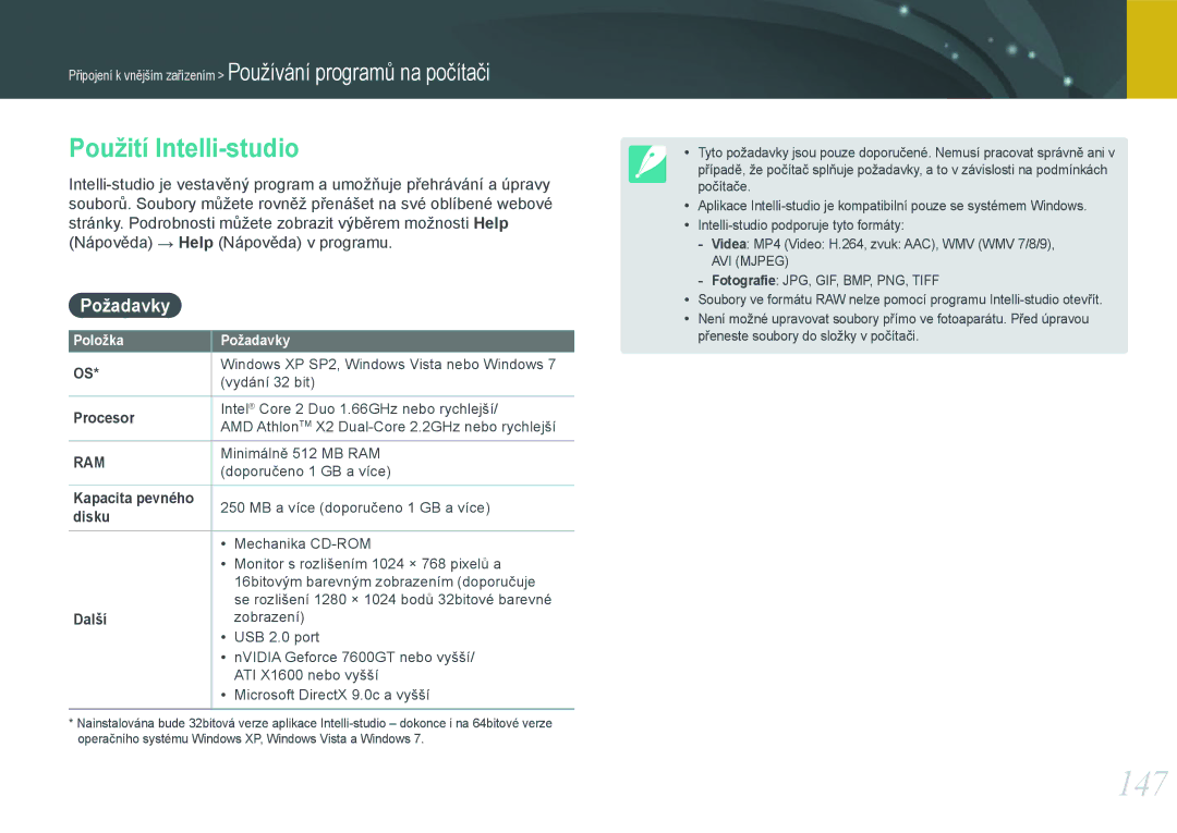 Samsung EV-NX20ZZBSBCZ manual 147, Použití Intelli-studio, Požadavky 