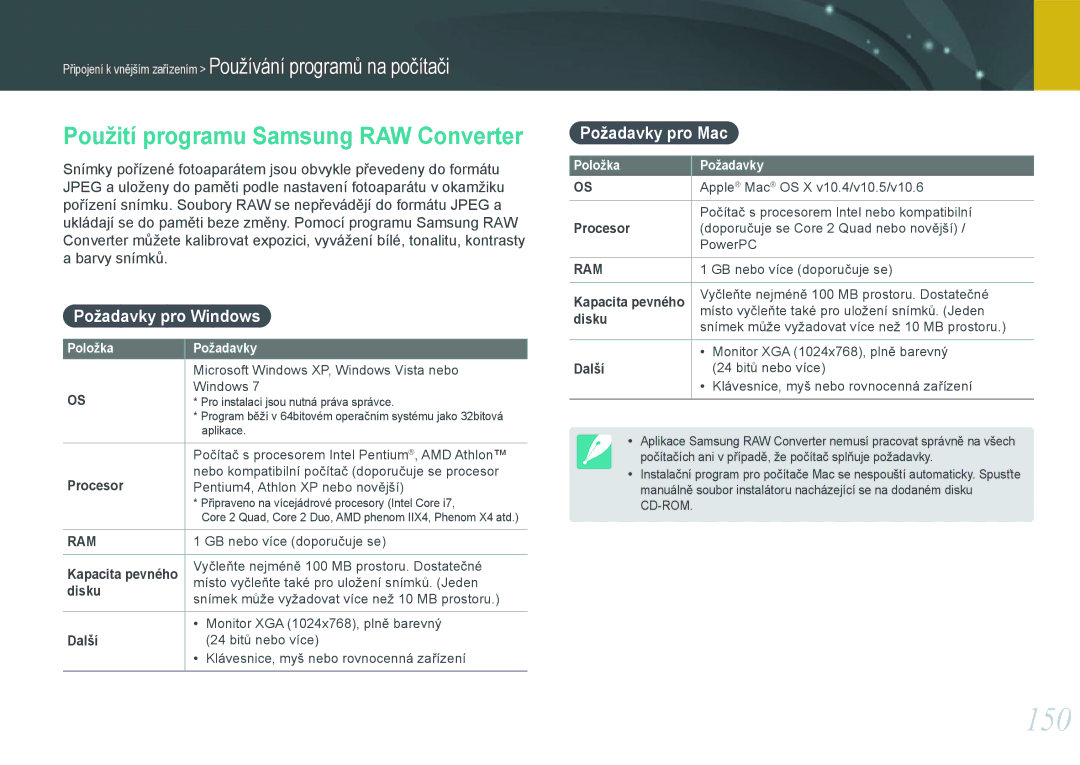 Samsung EV-NX20ZZBSBCZ manual 150, Použití programu Samsung RAW Converter, Požadavky pro Windows, Požadavky pro Mac 